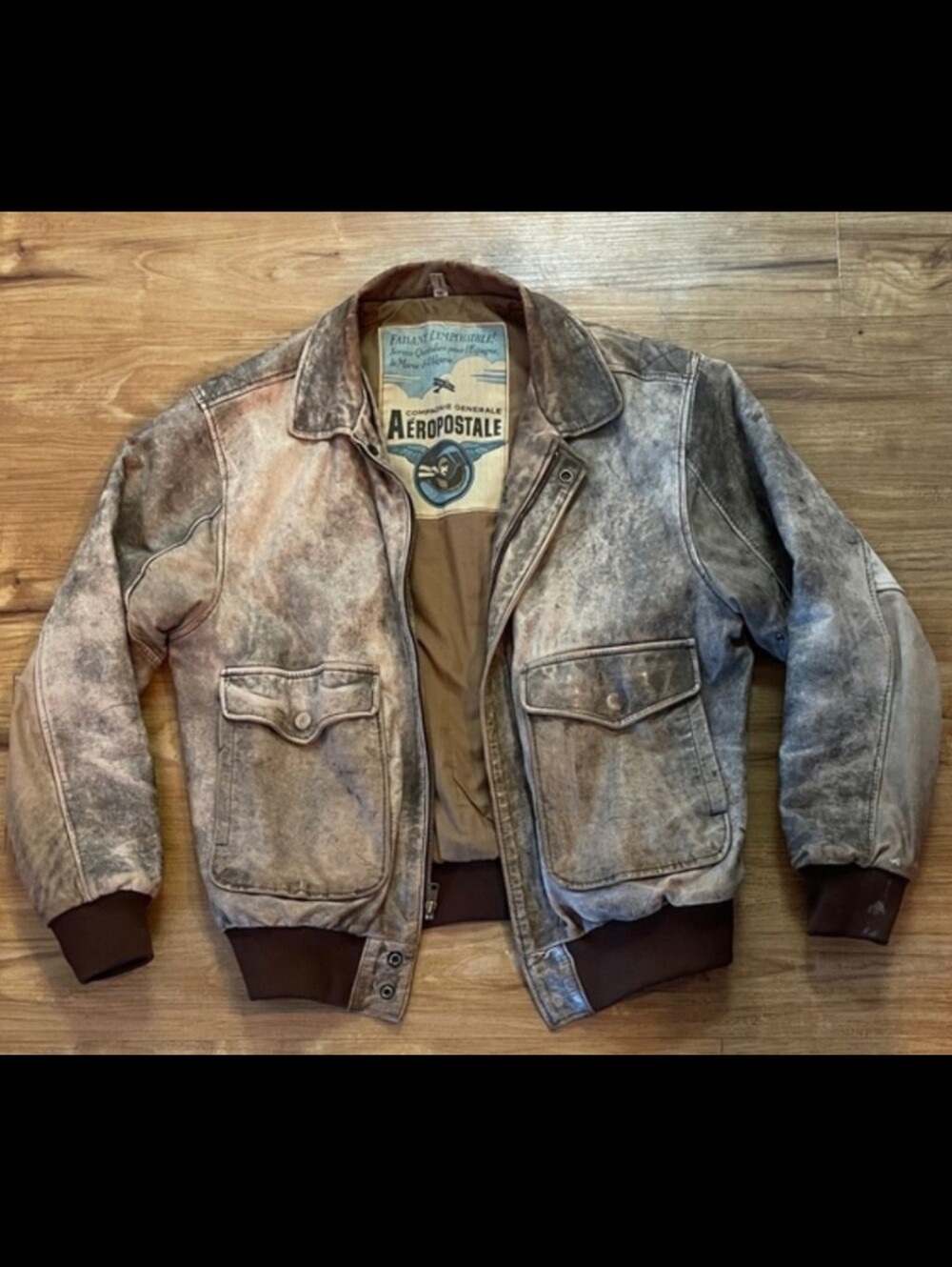 Aeropostale Men's Distressed Brown Leather Bomber Jacket Sz L /Read Discription